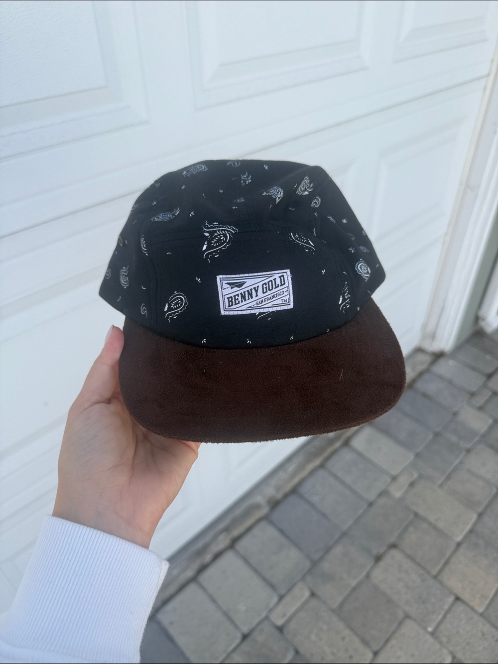 Benny Gold Black Paisley 5-Panel Cap with Brown Suede Brim